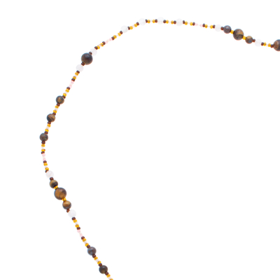 Y-Halskette mit Perlen aus mehreren Edelsteinen - Handgefertigte Perlenkette mit Tigerauge und Quarzquaste