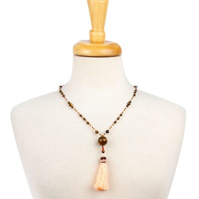 Y-Halskette mit Perlen aus mehreren Edelsteinen - Handgefertigte Perlenkette mit Tigerauge und Quarzquaste