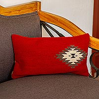 Zapotec wool cushion cover, 'Red Diamond' - Mexican Red Wool Cushion Cover with Diamond Motif