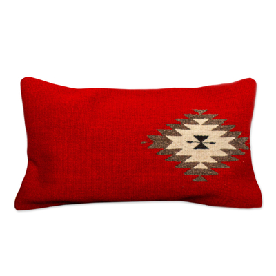Funda de cojín de lana zapoteca - Funda de cojín de lana roja mexicana con motivo de rombos