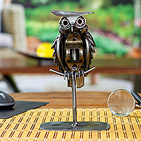 Recycled auto parts sculpture, 'Owl Lookout' - Hand Crafted Owl Metal Sculpture