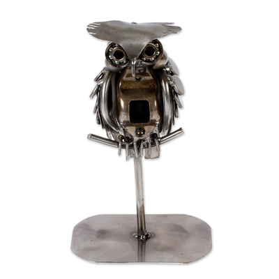 Recycled auto parts sculpture, 'Owl Lookout' - Hand Crafted Owl Metal Sculpture