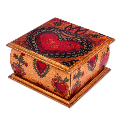 Decoupage wood decorative box, 'Tonala Sacred Heart' - Sacred Heart Motif Decorative Box