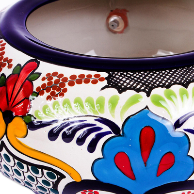 Ceramic bird feeder, 'Talavera Floral Colors' - Talavera Style Ceramic Floral Color Bird Feeder from Mexico