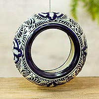 Ceramic bird feeder, Talavera Style Navy Blue