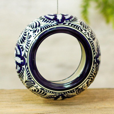 Ceramic bird feeder, 'Talavera Style Navy Blue' - Talavera Style Ceramic Navy Blue Bird Feeder from Mexico