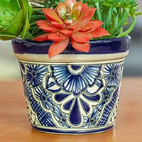 Ceramic flower pot, 'Cobalt Garden' - Small Cobalt Ceramic Flower Pot (6.25 Inch Diameter)