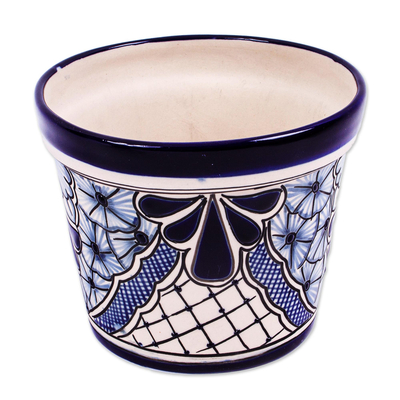 Ceramic flower pot, 'Cobalt Garden' - Small Cobalt Ceramic Flower Pot (6.25 Inch Diameter)