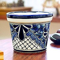 Hand Crafted Talavera-Style Flower Pot,'Mexican Garden in Blue'