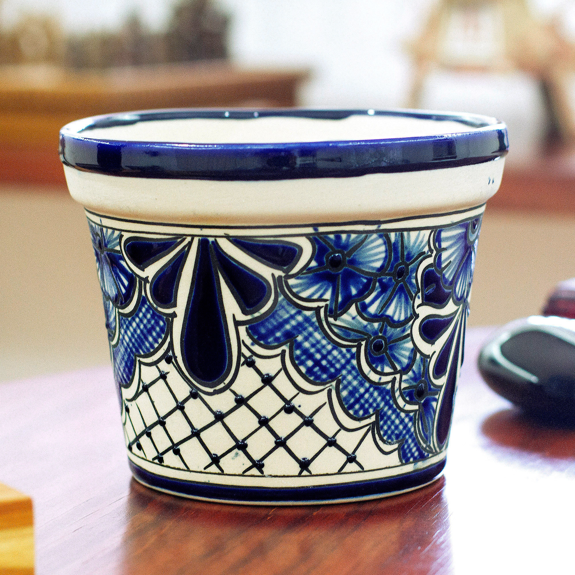Hand Crafted TalaveraStyle Flower Pot Mexican Garden in Blue NOVICA