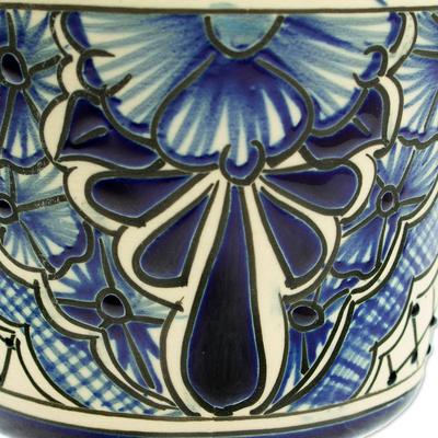 Ceramic flower pot, 'Mexican Garden in Blue' - Hand Crafted Talavera-Style Flower Pot