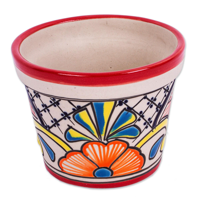 Ceramic flower pot, 'Colorful Mercado' (4.7 inch diameter) - Talavera-Style Ceramic Flower Pot (4.7 Inch Diameter)