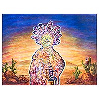 Giclee print on canvas, 'The Shaman' - Limited Edition Huichol Motif Giclee