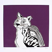 'Transformation' - Signed Silk Screen Print of Woman with Two Cats from Mexico