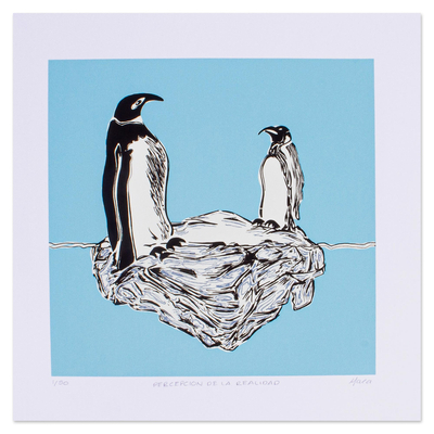 'Perception and Reality' - Surreal Signed Penguins Screen Print from Mexico