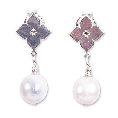 Cultured pearl dangle earrings, 'Moroccan Flowers' - Silver and Cultured Pearl Flower Dangle Earrings from Mexico