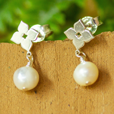 Cultured pearl dangle earrings, 'Moroccan Flowers' - Silver and Cultured Pearl Flower Dangle Earrings from Mexico