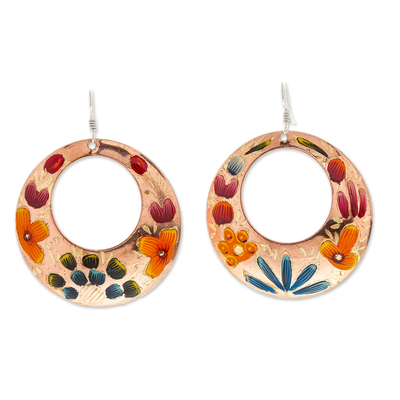 Reclaimed Copper Hand Painted Dangle Earrings from Mexico