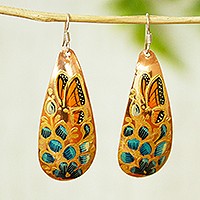 Copper dangle earrings, 'Butterfly Lilies' - Reclaimed Copper Butterfly and Flower Earrings from Mexico