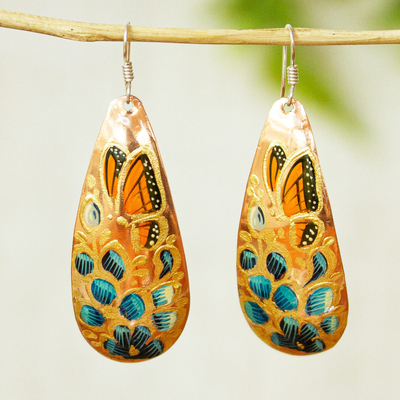Copper dangle earrings, 'Butterfly Lilies' - Reclaimed Copper Butterfly and Flower Earrings from Mexico
