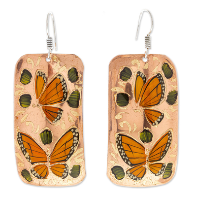 Copper dangle earrings, 'Jasmine Butterflies' - Reclaimed Copper Butterflies Motif Earrings from Mexico