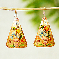 Pendientes colgantes de cobre, 'Pirámide floral' - Pendientes colgantes triangulares de cobre pintados a mano de México