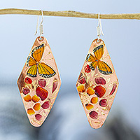Copper dangle earrings, 'Butterflies and Petunias' - Hand Painted Copper Butterfly Dangle Earrings from Mexico