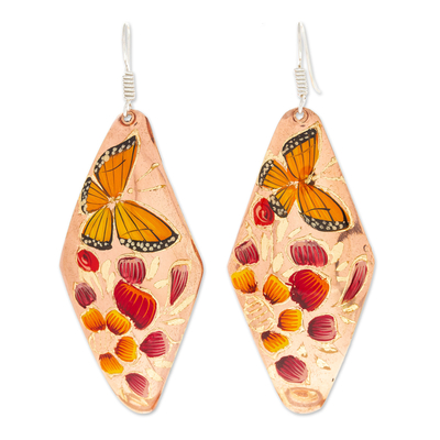Kupfer-Ohrringe, 'Schmetterlinge und Petunien', baumelnd - Handbemalte Kupfer Schmetterling baumeln Ohrringe aus Mexiko