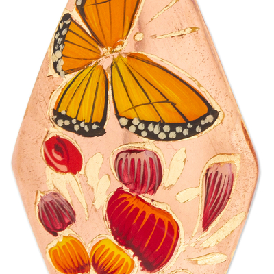 Kupfer-Ohrringe, 'Schmetterlinge und Petunien', baumelnd - Handbemalte Kupfer Schmetterling baumeln Ohrringe aus Mexiko