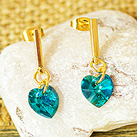 Swarovski crystal dangle earrings, 'Marine Hearts' - Swarovski Crystal Gold Plated Teal Heart Earrings