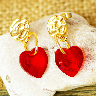 Pendientes colgantes de cristal de Swarovski - Aretes de corazón rojo chapados en oro con cristal Swarovski de México