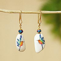 Hand-painted marble dangle earrings, 'Colibri' - Hand-Painted Hummingbird Earrings