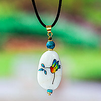 Hand-painted marble pendant necklace, 'Colibri' - Hummingbird Motif Pendant Necklace
