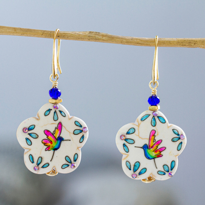 Hand-painted marble dangle earrings, 'Hummingbird Flower' - Flower-Shaped Marble Hummingbird Earrings