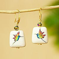 Hand-painted marble dangle earrings, 'Rainbow Hummingbird' - Handmade Marble Hummingbird Earrings