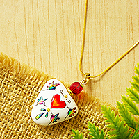 Hand-painted marble pendant necklace, 'Hummingbird Love' - Hand Crafted Marble Pendant Necklace