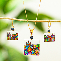 Hand-painted marble jewelry set, 'Cheerful Pueblo' - Marble Jewelry Set with Hand-Painted Motifs