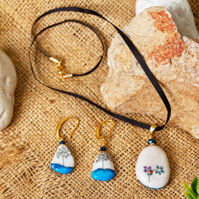 Hand-painted marble jewelry set, 'Tree of Life in Blue' - Marble Jewelry Set with Tree of Life Motif