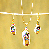 Hand-painted marble Jewellery set, 'Maria Doll' - Maria Doll Motif Jewellery Set