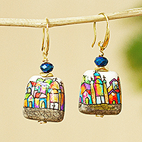 Unique Turquoise and Gold Hand Painted Whimsical Puzzle Piece Drop Earrings Upcycled From Vintage Puzzle One of a Kind