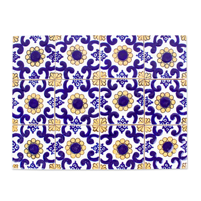 Decorative ceramic tiles, 'Sunflower' (set of 12) - Talavera-Style Ceramic Tiles (Set of 12)