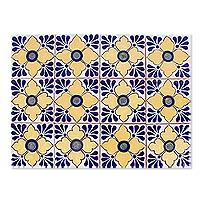 Baldosas cerámicas decorativas, 'Cuatro Pétalos' (juego de 12) - Azulejos cerámicos azules y amarillos (juego de 12)