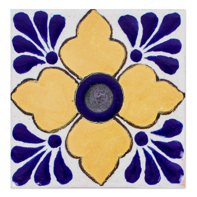 Decorative ceramic tiles, 'Four Petals' (set of 12) - Blue and Yellow Ceramic Tiles (Set of 12)
