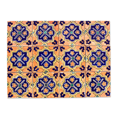 Decorative ceramic tiles, 'Moroccan Inspiration' (set of 12) - Orange and Blue Talavera-Style Tiles (Set of 12)