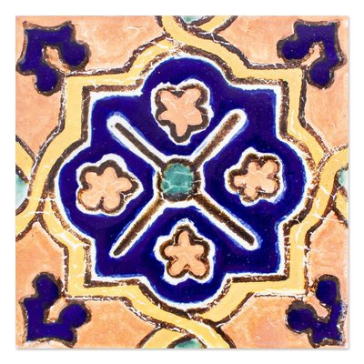 Decorative ceramic tiles, 'Moroccan Inspiration' (set of 12) - Orange and Blue Talavera-Style Tiles (Set of 12)
