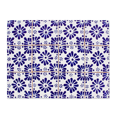 Decorative ceramic tiles, 'Cobalt Feathers' (set of 12) - Blue and White Talavera-Style Tiles (Set of 12)