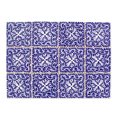 Decorative ceramic tiles, 'Blue Floral Fiesta' (set of 12) - Cobalt Talavera-Style Tiles (Set of 12)
