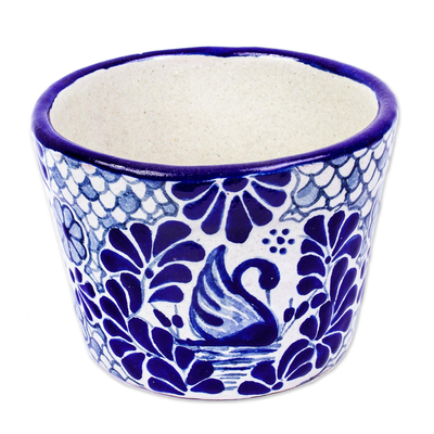 Ceramic flower pot, 'Blue Swan' - Handmade Talavera-Style Flower Pot
