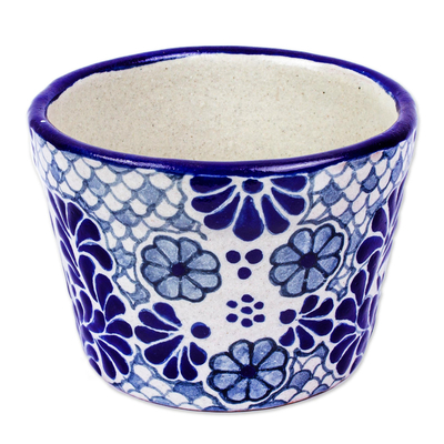Ceramic flower pot, 'Blue Swan' - Handmade Talavera-Style Flower Pot