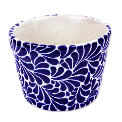 Ceramic flower pot, 'Puebla Petals' (6 inch) - Cobalt Talavera Style Flower Pot (6 Inch Diameter)